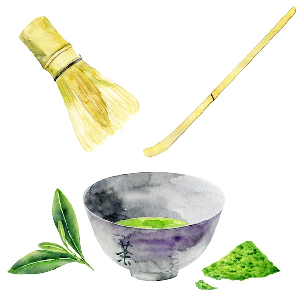 Batidor de alambre y tazón de té verde