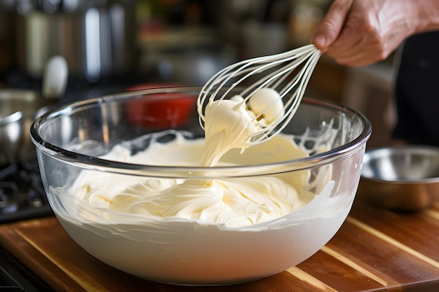 Foto un batidor batiendo crema batida en un tazón