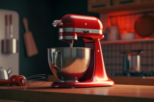 Una batidora de pie Kitchenaid roja está sobre un mostrador de madera.