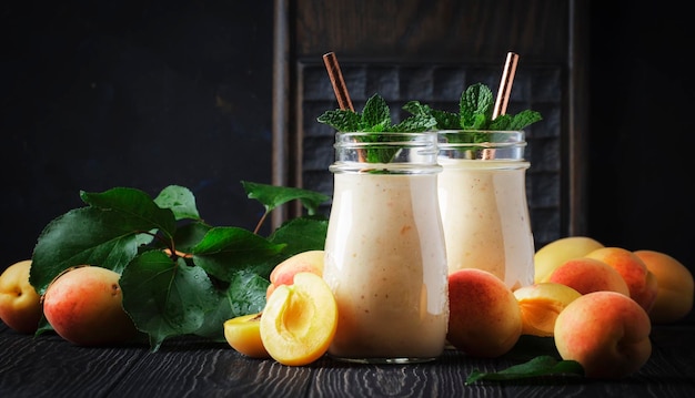 Batidos de albaricoque con frutas y semillas de lino en botellas de vidrio mesa de cocina rústica oscura lugar de fondo para el enfoque selectivo de texto