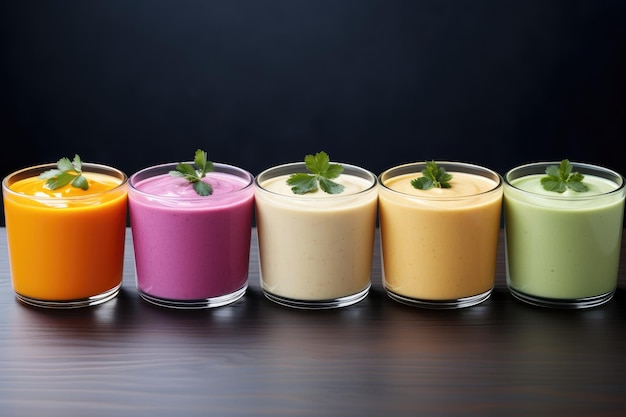 Batidos coloridos en un vaso sobre un fondo oscuro Enfoque selectivo Surtido de sopas de crema de verduras de colores Alimentos dietéticos AI generado