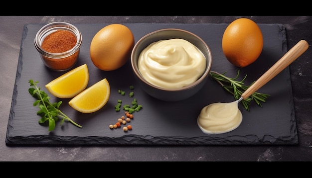 Batir mayonesa casera con aceite de oliva Mezclar ingredientes para la salsa El chef utiliza IA generativa
