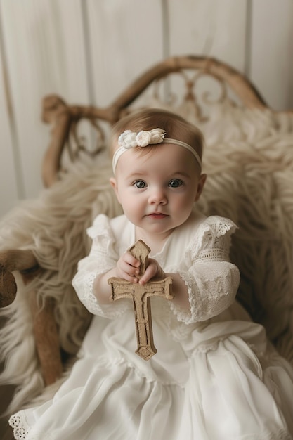 batismo de bebê uma menina com uma cruz em suas mãos