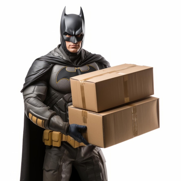 Foto batman como un repartidor que lleva cajas sobre un fondo blanco