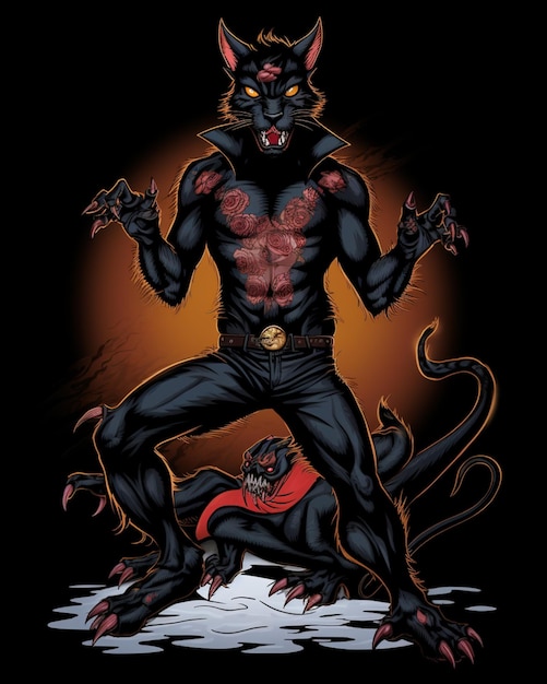 Batman e gato com olhos vermelhos e presas em um fundo preto generativo ai