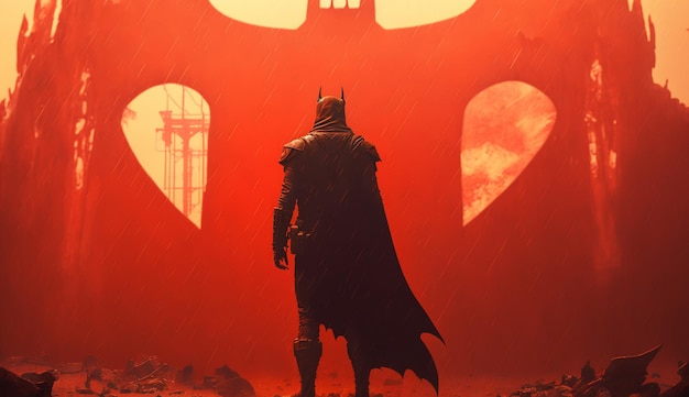 Batman parado na frente de um fundo vermelho com uma sombra em forma de coração generativa ai