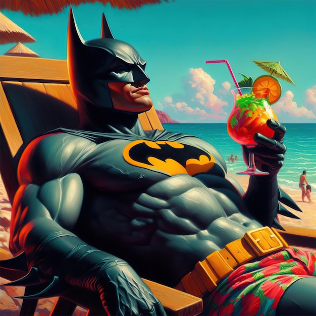 Batman relajado en ropa de baño bebiendo un cóctel en la playa