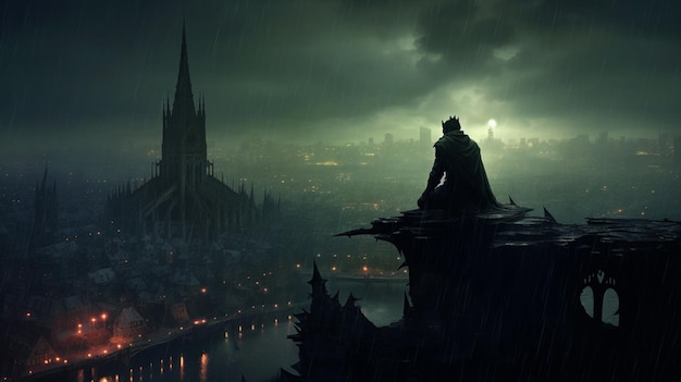 Batman sentado em uma borda na chuva