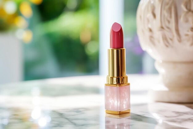 Batom rosa luxuoso em tubo dourado em cosméticos de beleza de mármore e produto de maquiagem de luxo generativo ai