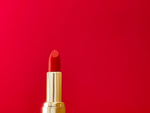 Foto batom vermelho em tubo dourado na cor de fundo maquiagem de luxo e cosméticos para design de produto de marca de beleza