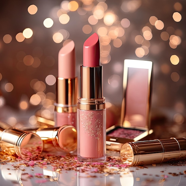 Batons e produtos de maquiagem em uma mesa branca rosa e dourado fundo desfocado perto