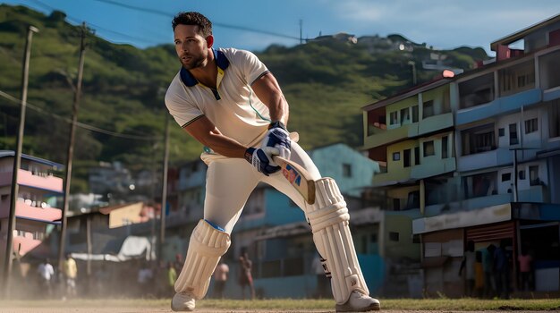 Foto batsman de cricket listo para golpear una pelota rápida