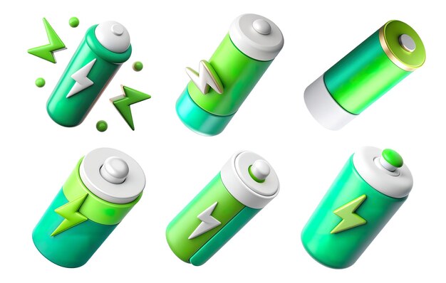 Batterie-Green-Energy-Symbol-Set 3D-Rendering-Stil isoliert auf weißem oder transparenten Hintergrund