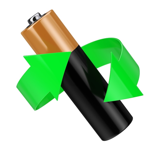 Batterie-Recycling-Konzept. Grüner Pfeil um Batterie auf weißem Hintergrund. 3D-Rendering.