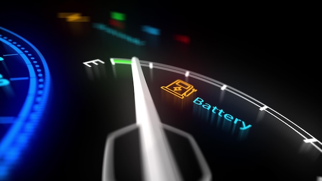 Batterieanzeige für Elektroautos, die eine zunehmende Batterieladung anzeigt Armaturenbrett für Elektroautos Konzeptionelle grüne Energie in der Automobilindustrie 3D-Rendering-Animation