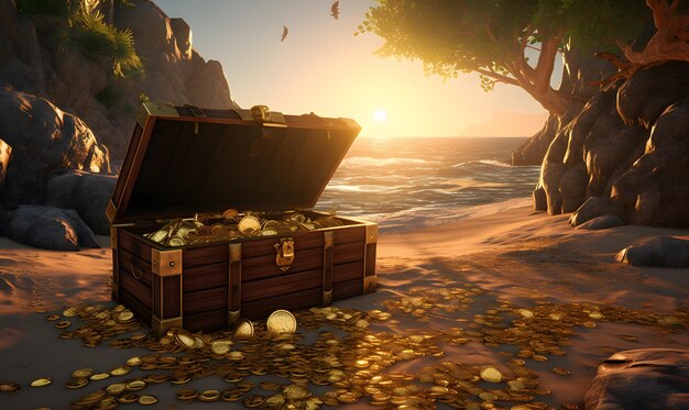 Baú de moedas de ouro na praia com fundo de tesouro pirata em renderização hiper-realista