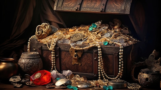 Baú de pirata de madeira repleto de joias cintilantes e dobrões cintilantes Tesouro dos mares Bounty tesouro joias inestimáveis tesouros incalculáveis Gerados por IA