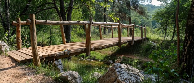 Foto bau einer fußgängerbrücke in einem landschaftlich reizvollen wandergebiet