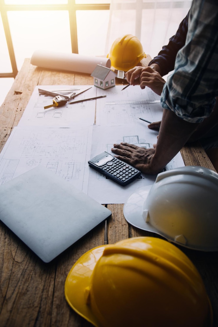 Foto bau- und strukturkonzept des ingenieur- oder architektentreffens für das projekt mit partner- und ingenieurwerkzeugen über den modellbau und den entwurf des arbeitsplatzvertrags für beide unternehmen