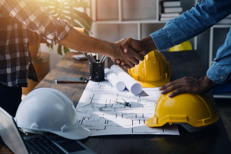 Foto bau- und strukturkonzept des ingenieur- oder architektentreffens für das projekt mit partner- und ingenieurwerkzeugen über den modellbau und den entwurf des arbeitsplatzvertrags für beide unternehmen
