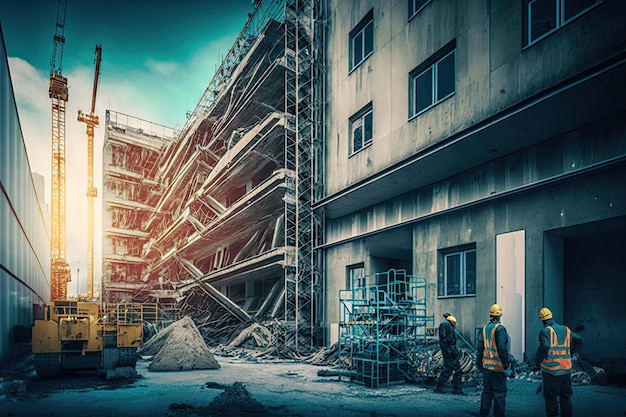 Bau von Bauarbeiten an Rohrleitungsgerüsten in der Nähe von Gebäuden, die mit generativer KI erstellt wurden