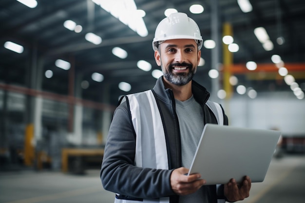 Bauarbeiter arbeitet in einer Fabrik an seinem Laptop