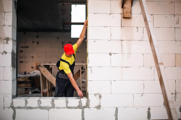 Bauarbeiter auf der Baustelle misst die Länge der Fensteröffnung und der Ziegelwand mit Maßband. Cottage besteht aus porösen Betonblöcken, Arbeitskleidung, Overall und Baseballkappe