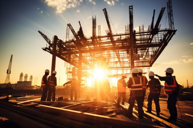 Bauarbeiter auf einer Baustelle bei Sonnenuntergang