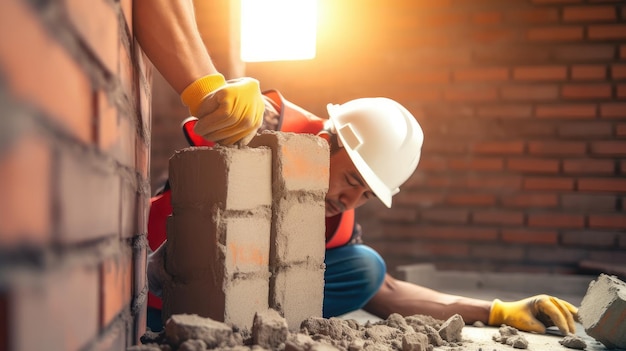 Bauarbeiter bauen mit weißem Schutzhelm eine Mauer