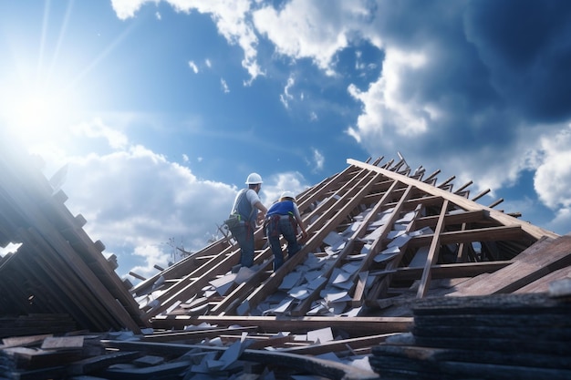 Bauarbeiter bei der Reparatur eines beschädigten Daches Generative ai