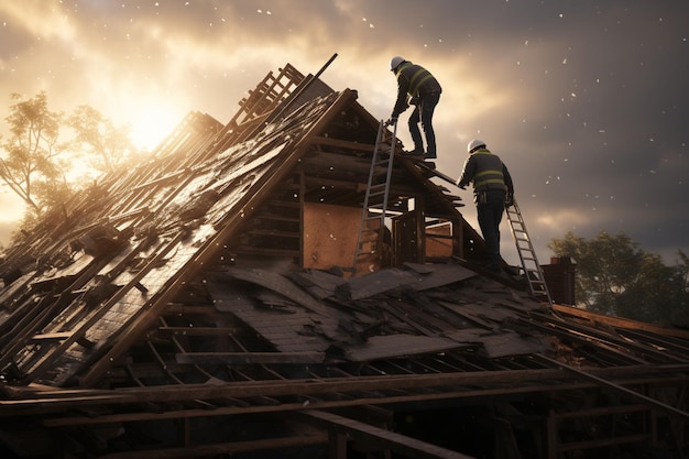 Bauarbeiter bei der Reparatur eines beschädigten Daches Generative ai