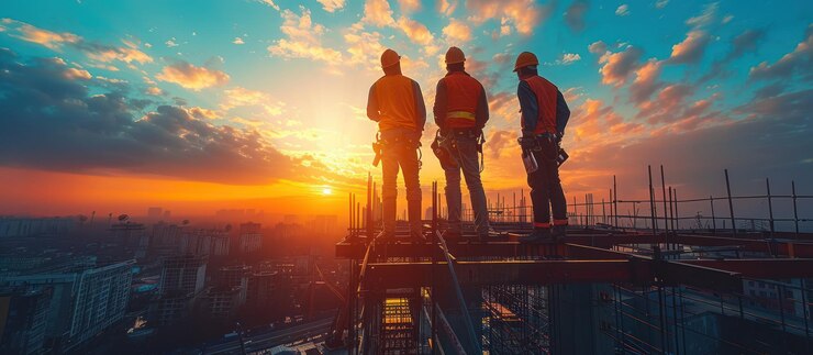 Bauarbeiter beobachten einen Sonnenuntergang in einer Stadt