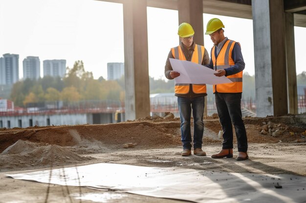 Bauarbeiter betrachten ein Stück Baustelle.