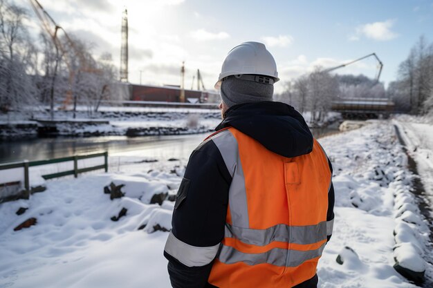 Bauarbeiter betrachtet Kran im Schnee