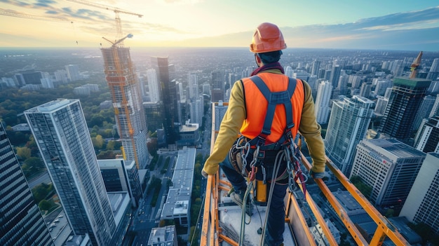 Bauarbeiter bewundern das Stadtbild vom Dach eines Wolkenkratzers AIG41