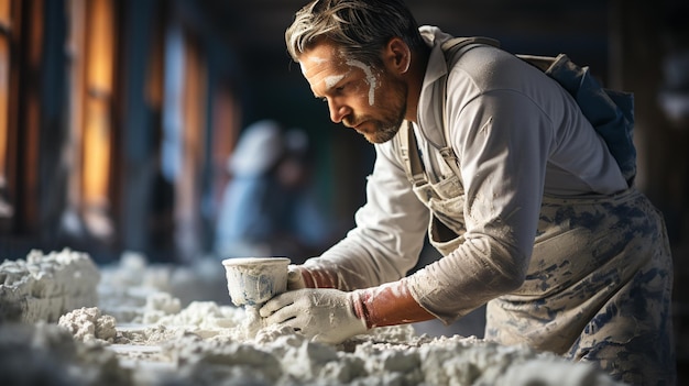 Bauarbeiter, der an der Mauer arbeitet