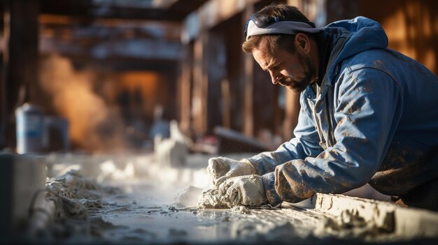 Bauarbeiter, der an der Mauer arbeitet