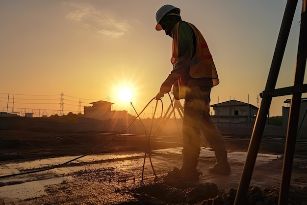 Bauarbeiter, der bei Sonnenuntergang auf einer Baustelle arbeitet Ai generativ