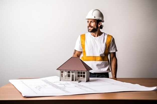 Bauarbeiter, der hinter einem Modell eines Gebäudes steht
