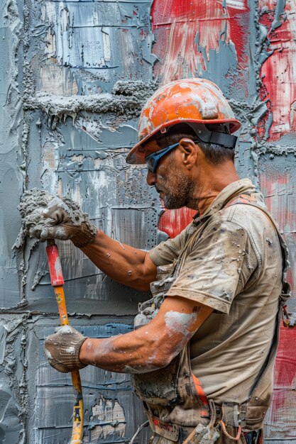 Bauarbeiter, der in einer industriellen Umgebung mit einem Trowel Zementpflaster an der Wand aufträgt