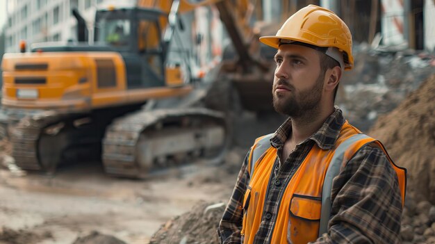 Bauarbeiter, der schwere Maschinen auf der Baustelle bedient