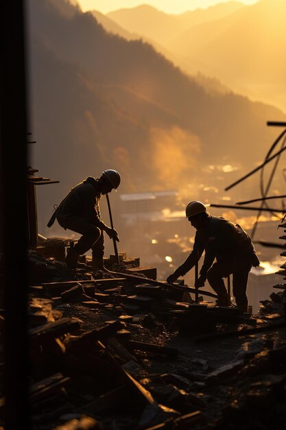 Bauarbeiter die Erweiterung von Hochspannungstürmen Schwerindustrie Sonnenuntergang Silhouette AI Generative