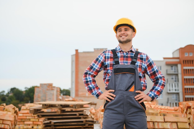 Bauarbeiter in Arbeitskleidung und Bauhelm Porträt eines positiven männlichen Bauarbeiters in Hardhat, der auf der Baustelle arbeitet
