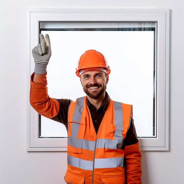 Bauarbeiter in einem Helm mit doppelt verglasten Fenstern