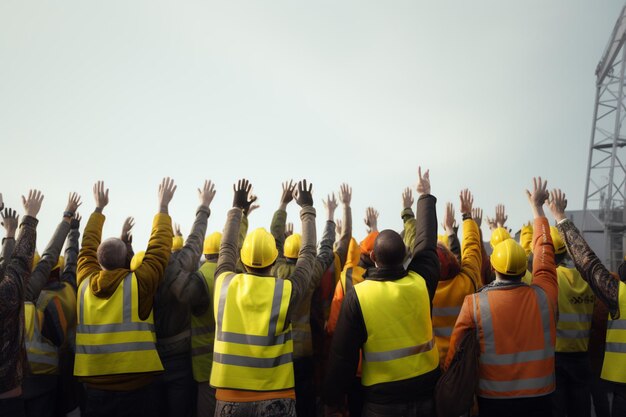 Bauarbeiter in gelben Westen heben ihre Hände in der Luft in verschiedenen Farben