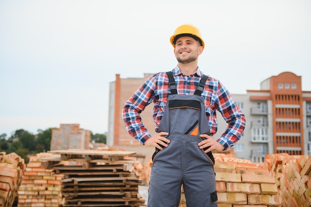 Bauarbeiter in Uniform und Sicherheitsausrüstung haben Arbeit am Bau