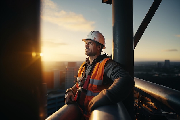 Foto bauarbeiter in uniform und sicherheitsgeräten auf der baustelle sonnenuntergang hintergrund