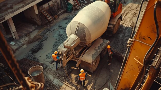 Bauarbeiter laden Zement in den Mixer