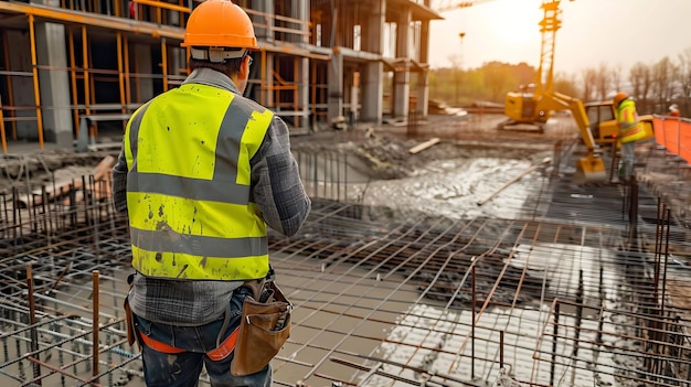 Bauarbeiter mit Schutzhelmen und Sicherheitswesten arbeiten auf einer Baustelle