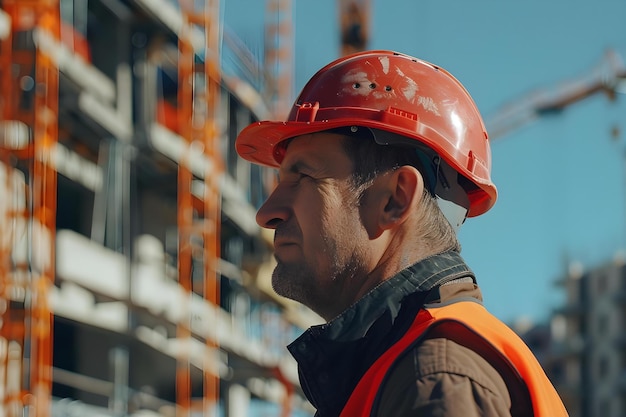 Bauarbeiter mit Sicherheitshelm bei der Inspektion der Baustelle mit Kopierraumkonzept Bauarbeiter im Sicherheitshelm bei den Inspektionen der Baustelle bei der Kopierraum